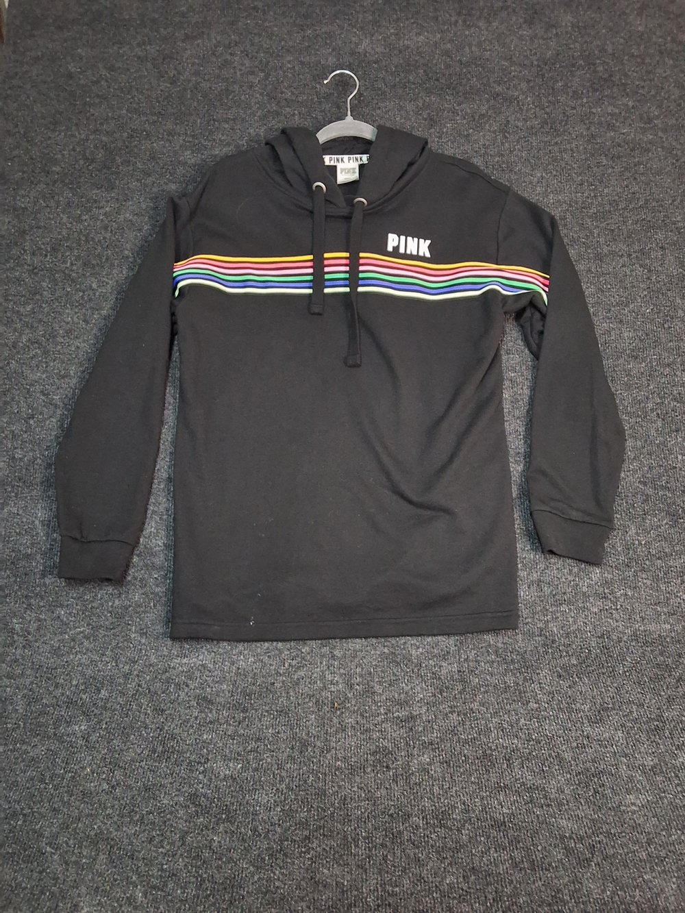 PINK Victoria's Secret Black Hoodie with Rainbow Stripe